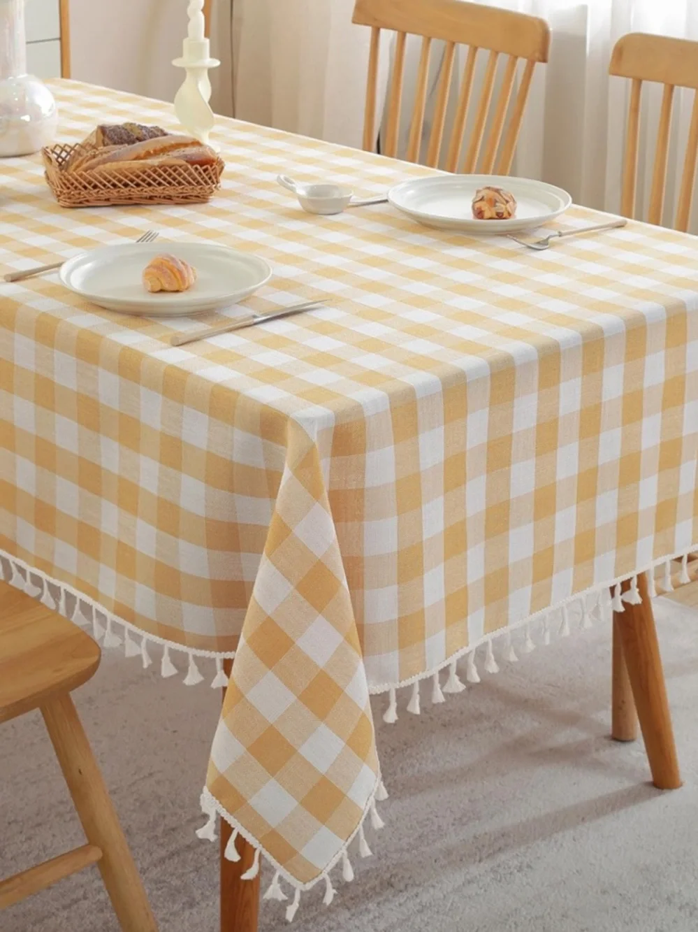 BUFFALO Checkered Gingham Tablecloth Tassel Trim Cotton SQUARE 55x55” YELLOW